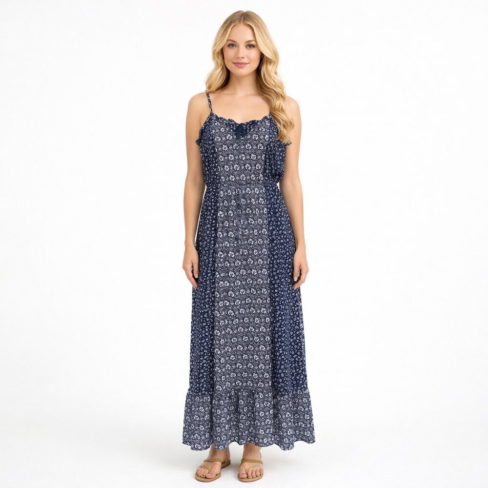 2/$30 GAP Mixed Print Long Gown Sundress Spaghetti Strap Navy Small #A1238